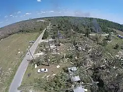 Aerial view of a destroyed neighborhood in Estill, with trees and houses destroyed.