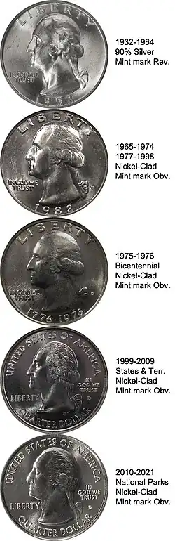 The obverses of the Washington quarter, originally as described in the Flanagan's design section, and with the modifications discussed in the Production section.