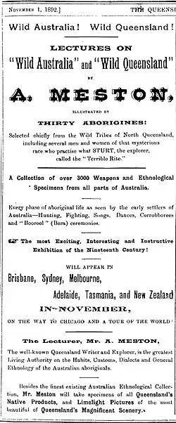 Newspaper column advertising "Lectures on Wild Australia and Wild Queensland by A. Meston"