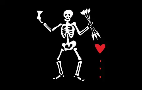 Flag associated with William Moody. Described as “A black Flag, having a white Man painted in it, with three Arrows, whose Points were turn’d toward a red Heart, and underneath it were some red Spots, resembling Blood.”[25]