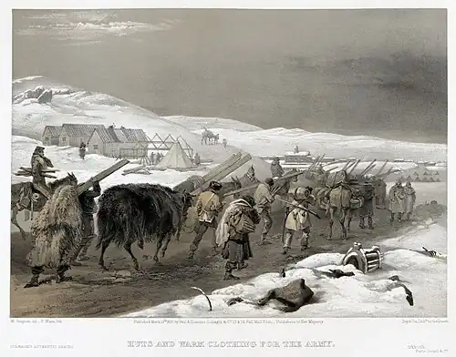 Image 11 Siege of Sevastopol (1854–1855) Artist: William Simpson; Restoration: Lise Broer A lithograph of a watercolour painting depicting soldiers transporting winter clothing, lumber for huts, and other supplies through a snow-covered landscape, with partially buried dead horses along the roadside, to the British camps, during the Siege of Sevastopol of the Crimean War. In the winter, a storm ruined the camps and supply lines of the Allied forces (France, Britain and the Ottoman Empire). Men and horses became sick and starved in the poor conditions. More featured pictures