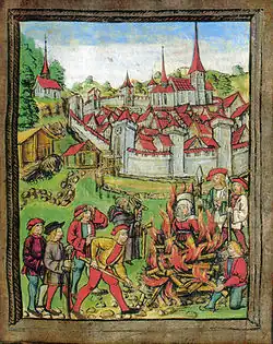 Scene from a 1513 illustrated chronicle depicting a woman being burned to death