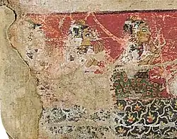 Highly damaged miniature of Vishva Lakshmi (far left) from a Paubha from the 18th century.