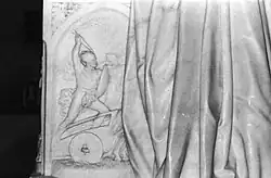 A Celtic warrior "attacking" the dress of the woman emblematic of civilisation in Woolner's sculpture Civilization (1867), Wallington Hall, Northumberland.