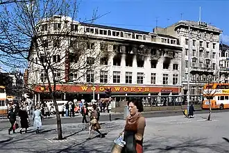 Woolworth's, Manchester. The Woolworth's department store at the corner of Oldham Street and Piccadilly in Manchester, photographed a few days after the disastrous fire of 8th May 1979 which killed 10 people and left a further 47 needing hospital treatment.
