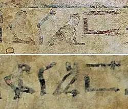 Word "Aamu" (𓉻𓐰𓂝𓅓𓌙𓀏 from right to left) in two Egyptian scripts, in the tomb of Khnumhotep II.