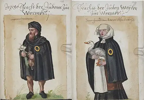 Painting of Jews in 16th Century Germany wearing circular yellow badges.[e]