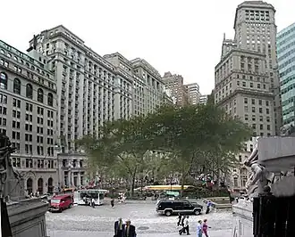 Seen from the Alexander Hamilton U.S. Custom House. From left to right: 1 Broadway, 11 Broadway, 25 Broadway, 37 Broadway, 26 Broadway, and 2 Broadway