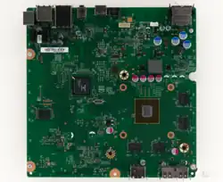A view of a motherboard from an Xbox 360 E console from above.