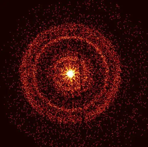 Swift's X-ray image of GRB 221009A shows circular rings around the gamma-ray burst. Dust in the Milky Way scattered the x-ray emission of the gamma-ray burst, creating the rings.[29]