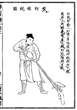 A man loading a matchlock with a rain cover, from the Shenqipu, 1598