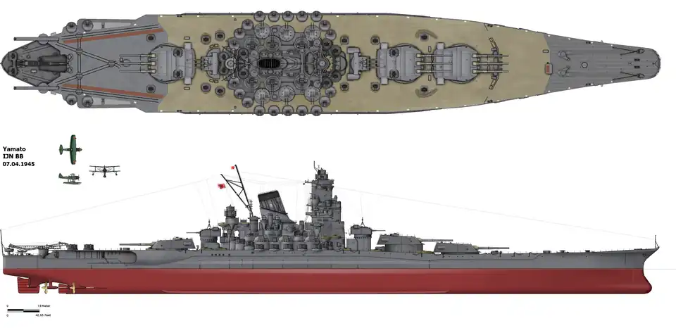 Image 11 Japanese battleship Yamato Image: Alexpl A line drawing of the Japanese battleship Yamato, the lead ship of the Yamato class of battleships that served with the Imperial Japanese Navy during World War&nbsp;II. Named after the ancient Japanese Yamato Province, she was launched on 8 August 1940 and served as the flagship of the Japanese Combined Fleet in 1942. More selected pictures