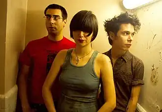 Yeah Yeah Yeahs in 2002. L–R: Brian Chase, Karen O, Nick Zinner