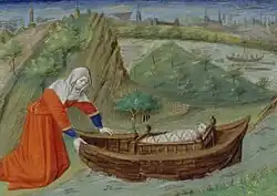 Moses being "exposed," very much in an "ark," 15th-century miniature