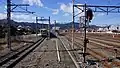 The view looking west from the Tōbu platform in February 2017, with an 8000 series train stabled