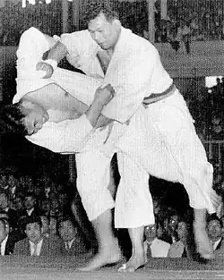 Image 17Yoshihiko Yoshimatsu attempting to throw Toshiro Daigo with an uchi mata in the final of the 1951 All-Japan Judo Championships (from Judo)