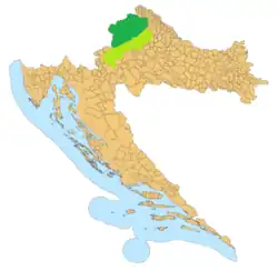 Prigorje (lime green) and neighbouring Zagorje region (dark green).