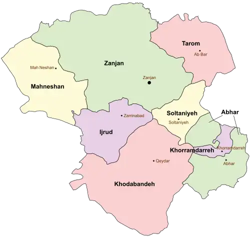 Location of Tarom County in&nbsp;Zanjan&nbsp;province (top, pink)