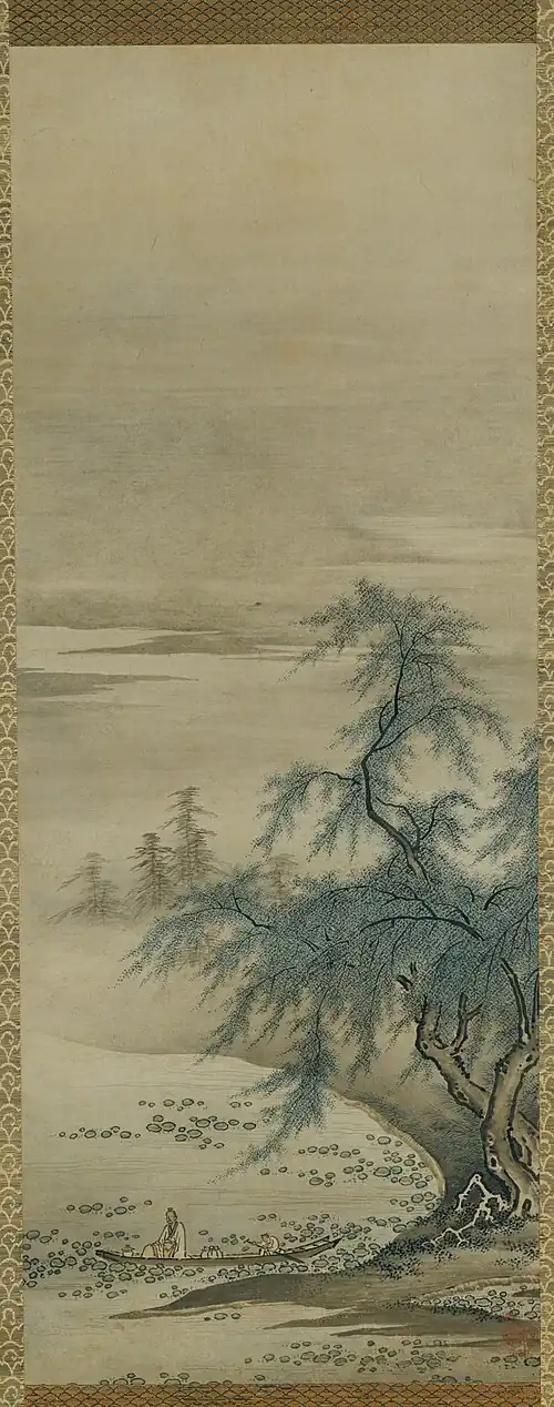 Kanō Masanobu, 15th century founder of the Kanō school, which dominated Japanese brush painting until the 19th century, Zhou Maoshu Appreciating Lotuses, hanging scroll[60]