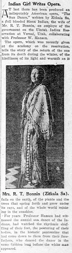 Contemporary 1913 newspaper article about The Sun Dance opera written by Zitkala-Sa