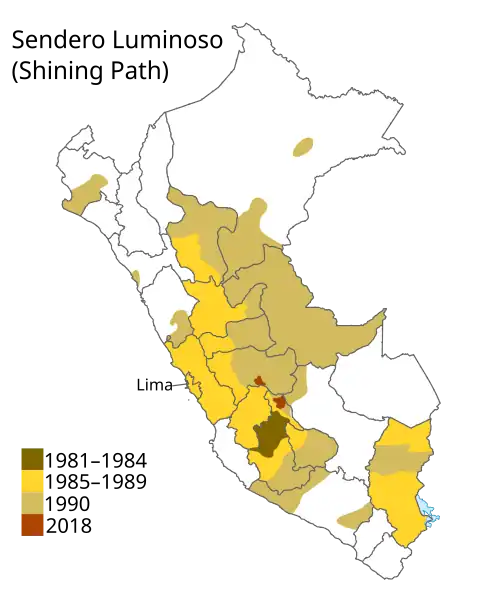 Areas where the Shining Path were active in Peru