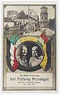 A propaganda postcard commemorating the release of the Przemyśl fortress. Austria-Hungary represented by the black-gold and red-white-green flags, 1915
