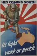 Caricature of Japanese soldier striding towards Australia