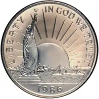 Liberty Enlightening the World depicted on the obverse of its 1986 100th anniversary Statue of Liberty commemorative half-dollar