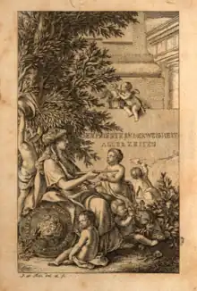 Allegorical engraving of the goddess Minerva teaching children before an inscribed pedestal that forms the base of a classical portico.