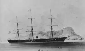 Black and white photo of Severn from the side, showing her three masts and funnel.