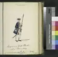 Officer of musketeers in uniform the 1st Infantry by 1745. The rather elaborate spontoon was not used in combat (the officers' sword can be seen), and was therefore typically brilliantly engraved.
