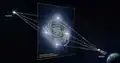 Graphic illustration of four images of the quasar caused by gravitational lensing.