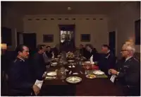 Chairman of the Joint Chiefs of Staff General George S. Brown and the other members of the Joint Chiefs of Staff during a meeting with President Jimmy Carter and the National Security Council in The White House on August 5, 1977.