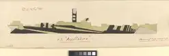 A camouflage scheme of black and pale green geometrical shapes; with grey at the bow, stern, and on the funnel.