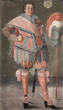 A full-length portrait painting of a 17th-century officer in pink uniform.