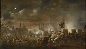 b/w print showing walled city ablaze in the background; many armed men approach from left; cannons are firing from left foreground; text box in bottom center