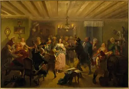 The Concert at Tre Byttor by Wilhelm Wallander&nbsp;[sv], 1860. Movitz (centre right) has laid down his oboe; Ulla Winblad (centre) is singing, and Christian Wingmark is playing the flute (centre left). Clarinettes are being played in the background; stringed instruments can be seen on both sides.