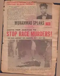 Front cover of Muhammad Speaks from June 1962, featuring an image of an African-American man lying on the ground after being shot. The headline reads "Unite for Justice to Stop Race Murders".