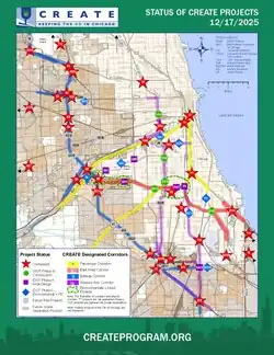 Map of the Chicagoland area with many CREATE projects complete, in progress, or not yet started map