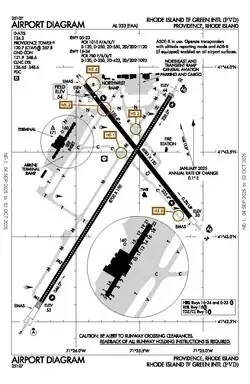A map with a grid overlay showing the terminals, runways, and other structures of the airport.