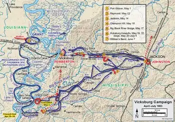 Map of Vicksburg campaign operations. Union troops under Grant moved down the west side of the Mississippi River and then crossed at Bruinsburg south of Vicksburg. Confederate troops retreat from Grand Gulf (north of Bruinsburg) after a battle at Port Gibson nearby. Grant's troops then moved northwest towards Jackson, fighting a battle at Raymond (between and to the south of Jackson and Vicksburg). Johnston's Confederate troosp were defeated at Jackson and then retreated northwards, while Grant's troops turned west and defeated Pemberton's Confederates at Champion Hill (east of Vicksburg and northwest of Raymond). Grant's troops defeated Pemberton again at the crossing of the Big Black River (between Vicksburg and Champion Hill) before surrounding the land side of Vicksburg.