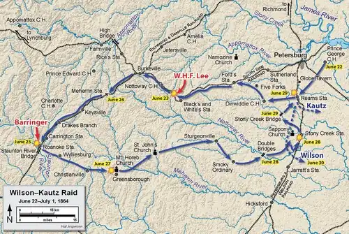 Map showing route of Union soldiers near Petersburg, Virginia