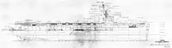 A blueprint showing the side profile of an aircraft carrier.