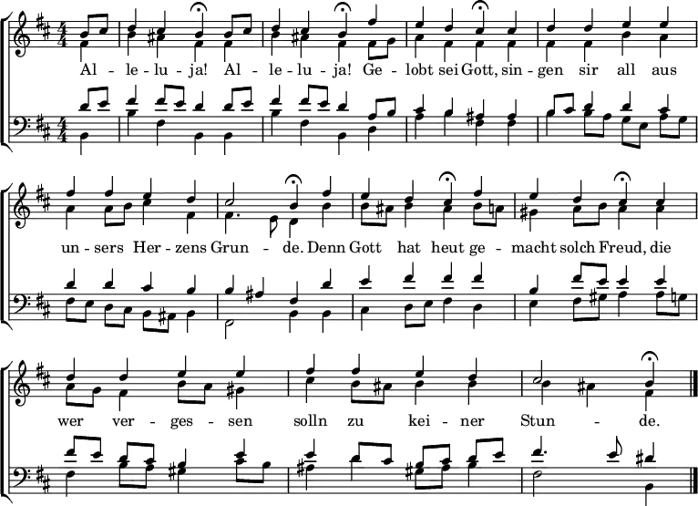 \header { tagline = " " }
\layout { indent = 0 \context { \Score \remove "Bar_number_engraver" } }
global = { \transposition b \key b \minor \numericTimeSignature \time 4/4 \set Score.tempoHideNote = ##t \set Timing.beamExceptions = #'() }
\score {
\new ChoirStaff <<
\new Staff
<<
\new Voice = "soprano" { \voiceOne
\relative c'' { \global
\partial 4 b8 cis |
d4 cis b\fermata b8 cis | d4 cis b\fermata fis' |
e d cis\fermata cis | d d e e |
fis fis e d | cis2 b4\fermata fis' |
e d cis\fermata fis | e d cis\fermata cis |
d d e e | fis fis e d |
cis2 b4\fermata \bar "|."
}
}
\new Voice = "alto" { \voiceTwo
\relative c' { \global
\partial 4 fis4 |
b ais fis fis | b ais fis fis8 g |
a4 fis fis fis | fis fis b a |
a a8 b cis4 fis, | fis4. e8 d4 b' |
b8 ais b4 ais b8 a | gis4 a8 b a4 a |
a8 g fis4 b8 a gis4 | cis b8 ais b4 b |
b ais fis
}
}
>>
\new Lyrics \lyricsto "soprano" {
Al -- _ le -- lu -- ja! Al -- _ le -- lu -- ja!
Ge -- lobt sei Gott, sin -- gen sir all
aus un -- sers Her -- zens Grun -- de.
Denn Gott hat heut ge -- macht solch Freud,
die wer ver -- ges -- sen solln zu kei -- ner Stun -- de.
}
\new Staff
<<
\clef bass
\new Voice = "tenor" { \voiceOne
\relative c' { \global
\partial 4 d8 e |
fis4 fis8 e d4 d8 e | fis4 fis8 e d4 a8 b |
cis4 b ais ais | b8 cis d4 d cis |
d d cis b | b ais fis d' |
e fis fis fis | b, fis'8 e e4 e |
fis8 e d cis b4 e | e d8 cis b cis d e |
fis4. e8 dis4
}
}
\new Voice = "bass" { \voiceTwo
\relative c { \global
\partial 4 b4 |
b' fis b, b | b' fis b, d |
a' b fis fis | b b8 a g e a g |
fis e d cis b ais b4 | fis2 b4 b |
cis d8 e fis4 d | e fis8 gis a4 a8 g |
fis4 b8 a gis4 cis8 b | ais4 d gis,8 ais b4 |
fis2 b,4
}
}
>>
>>
\layout { }
}
\score {
\new ChoirStaff <<
\new Staff \with { midiInstrument = "choir aahs" }
<<
\new Voice = "soprano" { \voiceOne
\relative c'' { \global
\tempo 4=84
\partial 4 b8 cis |
d4 \tempo 4=76 cis \tempo 4=68 b8 r \tempo 4=76 b cis | \tempo 4=84 d4 \tempo 4=76 cis \tempo 4=68 b8 r \tempo 4=76 fis'4 |
\tempo 4=84 e \tempo 4=76 d \tempo 4=68 cis8 r \tempo 4=76 cis4 | \tempo 4=84 d d e e |
fis fis \tempo 4=76 e d | \tempo 4=68 cis2 \tempo 4=60 b8 r \tempo 4=84 fis'4 |
e \tempo 4=76 d \tempo 4=68 cis8 r \tempo 4=76 fis4 | \tempo 4=84 e \tempo 4=76 d \tempo 4=68 cis8 r \tempo 4=76 cis4 |
\tempo 4=84 d d e e | fis fis \tempo 4=76 e \tempo 4=68 d |
\tempo 4=44 cis2 \tempo 4=28 b4 r
}
}
\new Voice = "alto" { \voiceTwo
\relative c' { \global
\partial 4 fis4 |
b ais fis8 r fis4 | b ais fis8 r fis g |
a4 fis fis8 r fis4 | fis fis b a |
a a8 b cis4 fis, | fis4. e8 d r b'4 |
b8 ais b4 ais8 r b a | gis4 a8 b a8 r a4 |
a8 g fis4 b8 a gis4 | cis b8 ais b4 b |
b \tempo 4=36 ais fis r
}
}
>>
\new Staff \with { midiInstrument = "choir aahs" }
<<
\clef bass
\new Voice = "tenor" { \voiceOne
\relative c' { \global
\partial 4 d8 e |
fis4 fis8 e d r d e | fis4 fis8 e d r a b |
cis4 b ais8 r ais4 | b8 cis d4 d cis |
d d cis b | b ais fis8 r d'4 |
e fis fis8 r fis4 | b, fis'8 e e r e4 |
fis8 e d cis b4 e | e d8 cis b cis d e |
fis4. e8 dis4 r
}
}
\new Voice = "bass" { \voiceTwo
\relative c { \global
\partial 4 b4 |
b' fis b,8 r b4 | b' fis b,8 r d4 |
a' b fis8 r fis4 | b b8 a g e a g |
fis e d cis b ais b4 | fis2 b8 r b4 |
cis d8 e fis r d4 | e fis8 gis a r a g |
fis4 b8 a gis4 cis8 b | ais4 d gis,8 ais b4 |
fis2 b,4 r
}
}
>>
>>
\midi { }
}