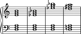 \new PianoStaff <<
\omit Score.TimeSignature
\new Staff { <e' g' b'>1 <es' g' bes'> <es'' g'' bes''> <d'' fis'' a''> }
\new Staff { \clef bass <d f a>1 <d f a> <d f a> <d f! a> }
>>