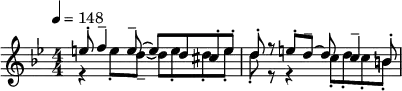 \relative c'' { \clef treble \key g \minor \numericTimeSignature \time 4/4 \tempo 4 = 148 << { e8-. f4-- e8--~ e d cis-. e-. | d-. r e-. d--~ d c4-- b8-. } \\ { r4 e8-. d--~ d e-. d-. e-. | d-. r r4 c8-. d-. c-. b-. } >> }