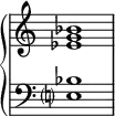 \new PianoStaff <<
\omit Score.TimeSignature
\new Staff { <ees' g' bes'>1 }
\new Staff { \clef bass <e? bes>1 }
>>