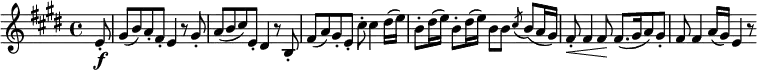  { \relative e' { \key e \major \time 4/4
\partial 8 e8-. \f | gis8( b) a-. fis-. e4 r8 gis-. | a8( b cis) e,-. dis4 r8 b-.|
fis'8( a) gis-. e-. cis'-. cis4 dis16( e) | b8-. dis16( e) b8-. dis16( e) b8 b \acciaccatura cis8 b( a16 gis) |
fis8-. \< fis4 fis8 \! fis8.[( gis16 a8) gis-.] | fis8 fis4 a16( gis) e4 r8 }}
\layout { \context { \Score \override SpacingSpanner.common-shortest-duration = #(ly:make-moment 1/4) }} 