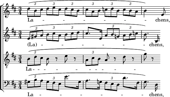 \header { tagline = ##f }
\paper { ragged-right = ##t }
\layout { indent = 0 \context { \Score \remove "Bar_number_engraver" } }
global = { \key d \major \time 3/4 \tupletUp }
soprano = \relative c'' { \global \set midiInstrument = "violin"
\tuplet 3/2 4 { d8 (b cis d e cis d cis b | cis a b c d b c b a } | b4) e,8
}
alto = \relative c'' { \global \set midiInstrument = "viola"
\tuplet 3/2 4 { e,8 (gis a b cis a b cis d } |
cis8. e,16 \tuplet 3/2 4 { a8 b g! a b c } | b8.) b,16\noBeam
}
tenor = \relative c' { \global \set midiInstrument = "cello"
\tuplet 3/2 { b8 \(d cis } b r e r | \tuplet 3/2 { a, cis b } a r d r | g\) r8
}
bass = \relative c' { \global \set midiInstrument = "cello"
\tuplet 3/2 4 { gis8 (b a gis fis e } e'8. gis,16 |
a8. g!16 \tuplet 3/2 { fis8 e d } d'8. fis,16 |
g8.) d16\noBeam
}
sopranoVerse = \lyricmode { La -- chens, }
altoVerse = \lyricmode { (La) -- chens, }
tenorVerse = \lyricmode { La -- "" -- "" -- "" -- "" -- "" -- "" -- "" -- "" -- "" -- ""}
\score {
\new ChoirStaff <<
\new Staff \soprano \addlyrics \sopranoVerse
\new Staff \alto \addlyrics \altoVerse
\new Staff { \clef "treble_8" \tenor } \addlyrics \tenorVerse
\new Staff { \clef bass \bass } \addlyrics \sopranoVerse
>>
\layout { }
\midi { \tempo 4=100
\context { \Score midiChannelMapping = #'instrument }
\context { \Staff \remove "Staff_performer" }
\context { \Voice \consists "Staff_performer" }
}
}