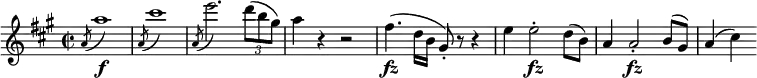 \relative a' {
\key a \major \time 2/2
\slurUp \acciaccatura a8 a'1 \f | \slurUp \acciaccatura a,8 cis'1
\slurUp \acciaccatura a,8 e''2. \times 2/3 { d8( b gis) } | a4 r r2
fis4.( \fz d16 b gis8-.) r r4 | e'4 e2-. \fz d8( b) | a4 a2-. \fz b8( gis) | a4( cis)
}